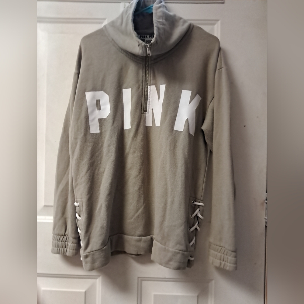 Pink VS. 1/4 Zip Side Tie Woman's Med. Pullover Sweater. Olive Green